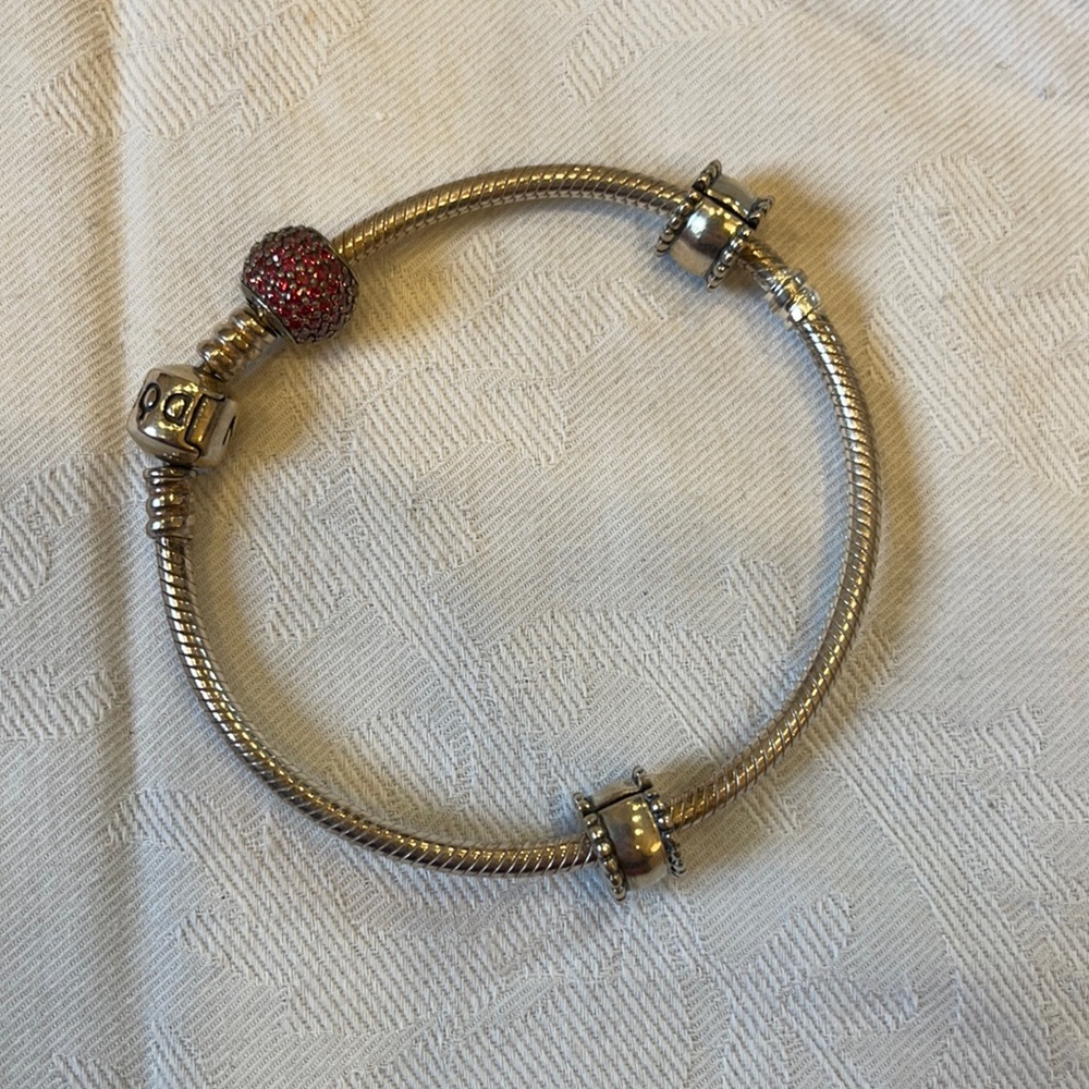 Pandora Moments Snake Chain Sterling Silver Bracelet with charm and two clips